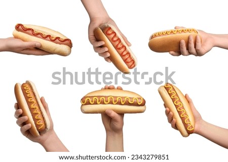 Collage with photos of people holding tasty hot dogs on white background, closeup