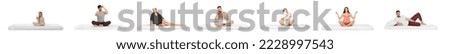 Collage with photos of people on soft comfortable mattresses on white background. Banner design