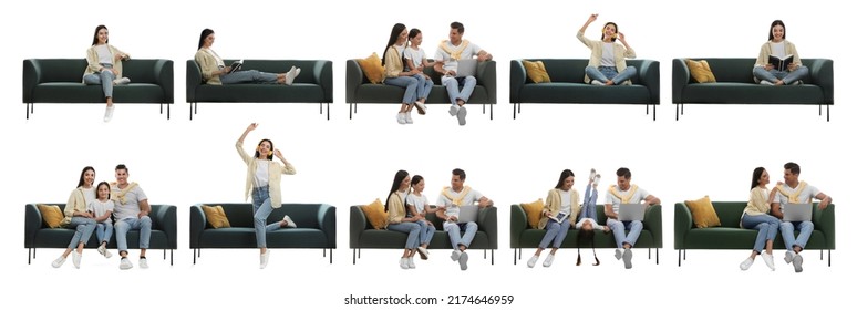 Collage con fotos de personas sentadas en elegantes sofás sobre fondo blanco. Diseño de pancartas