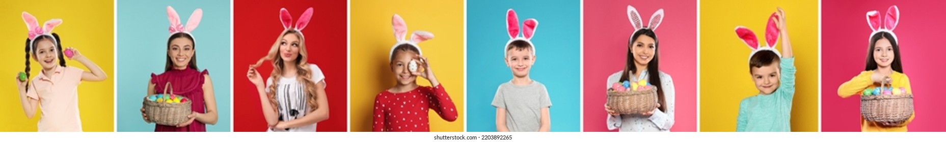 Collage photos of people wearing bunny ears headbands on different color backgrounds, banner design. Happy Easter - Shutterstock ID 2203892265