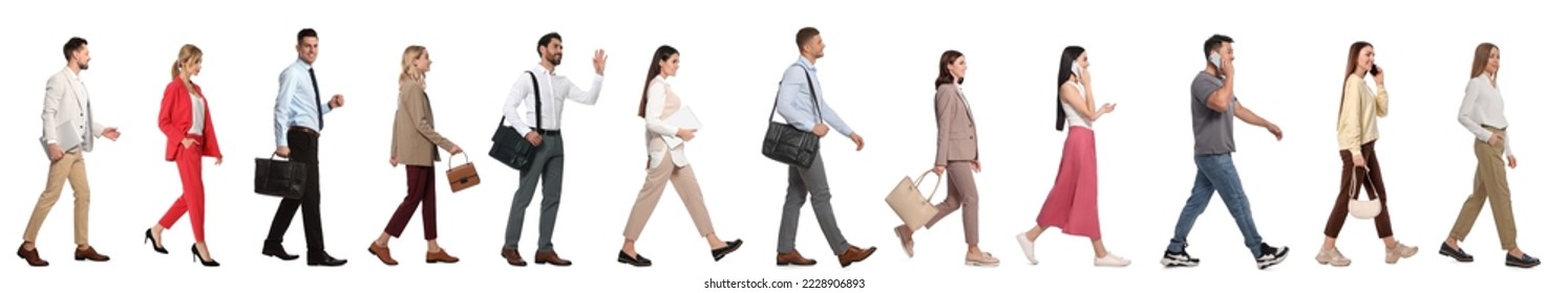 Collage with photos of people wearing stylish outfit walking on white background. Banner design - Shutterstock ID 2228906893