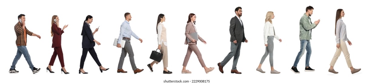 Collage with photos of people wearing stylish outfit walking on white background. Banner design - Shutterstock ID 2229008175