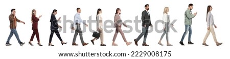 Collage with photos of people wearing stylish outfit walking on white background. Banner design Сток-фото © 