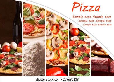 Collage from photos of pizza with bell pepper and mushrooms
