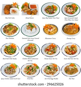 Collage photos of popular Thai food isolated on white background with name under