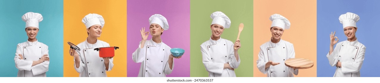 Collage with photos of professional chef on different color backgrounds - Powered by Shutterstock