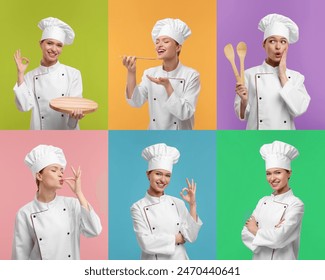 Collage with photos of professional chef on different color backgrounds - Powered by Shutterstock