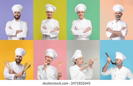 Collage with photos of professional chefs on different color backgrounds - Powered by Shutterstock