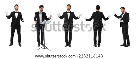Collage with photos of professional young conductor with baton on white background. Banner design