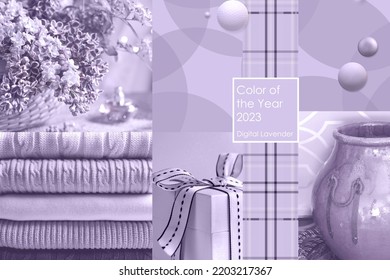 Collage photos in trendy colour the year 2023 digital lavender  Wool fabric  flowers lilac in basket  gift box  abstract texture  Color concept  Text Color the year 2023 Digital Lavender
