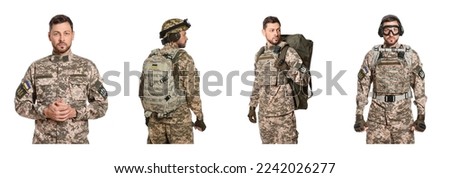 Collage with photos of Ukrainian soldier wearing military uniform on white background. Banner design