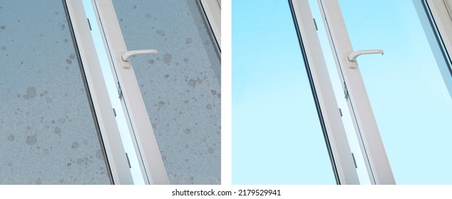 Collage With Photos Of Window Before And After Cleaning Indoors. Banner Design