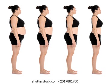 Collage With Photos Of Woman Before And After Weight Loss Diet On White Background