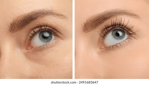 Collage with photos of woman before and after applying mascara, closeup