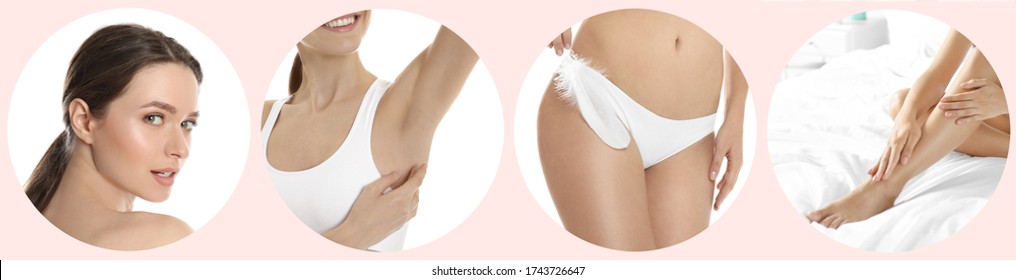 Collage with photos of woman showing smooth skin after epilation. Banner design