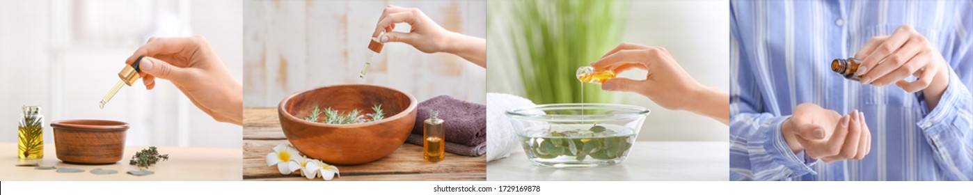 Collage Of Photos With Woman Using Essential Oils