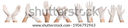 Collage with photos of woman wearing medical gloves on white background, closeup. Banner design