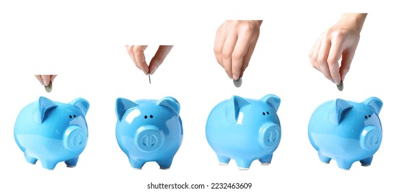 Collage with photos of women putting coins into light blue piggy banks on white background, closeup. Banner design - Shutterstock ID 2232463609