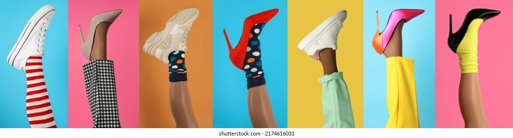 Collage with photos of women showing fashionable collections of stylish shoes, tights and socks on different color backgrounds, closeup view of legs. Banner design - Shutterstock ID 2174616031