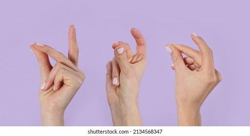 Collage with photos of women snapping fingers on lilac background, closeup. Banner design - Shutterstock ID 2134568347