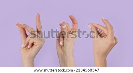 Collage with photos of women snapping fingers on lilac background, closeup. Banner design