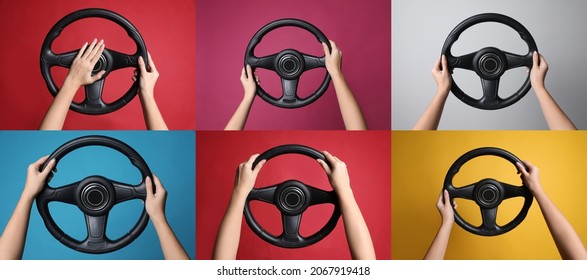 Collage with photos of women with steering wheels on different color backgrounds, closeup. Banner design - Shutterstock ID 2067919418