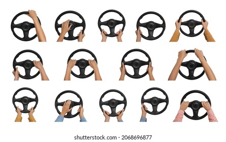 Collage with photos of women with steering wheels on white background, closeup 