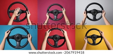 Collage with photos of women with steering wheels on different color backgrounds, closeup. Banner design
