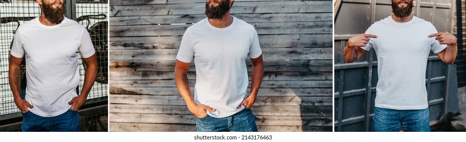 Collage Of Photos With Young Bearded Guy In Blank White T-shirt. Design Men T Shirt Mock-up For Print