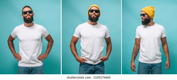 Collage Of Photos With Young Bearded Guy In Blank White T-shirt. Design Men T Shirt Mock-up For Print