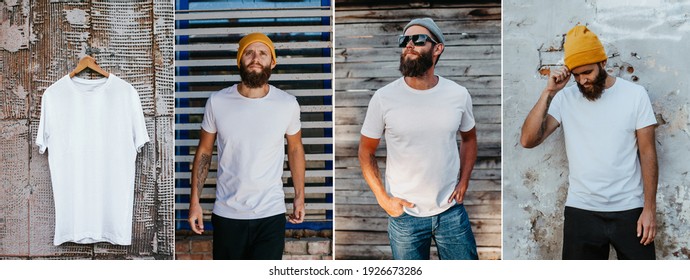 Collage of photos with young bearded hipster guy wearing white blank t-shirt. Mock-up for print. T-shirt template. Hanging on ahanger empty white t-shirt.