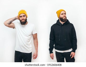 Collage of photos with young  hipster guy wearing black blank hoodie and white blank t-shirt. Mockup for print. Two guys in empty white tshirt and black hoodie isolated on white background