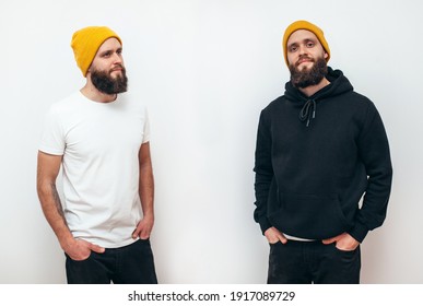 Collage of photos with young  hipster guy wearing black blank hoodie and white blank t-shirt. Mockup for print. Two guys in empty white tshirt and black hoodie isolated on white background - Powered by Shutterstock