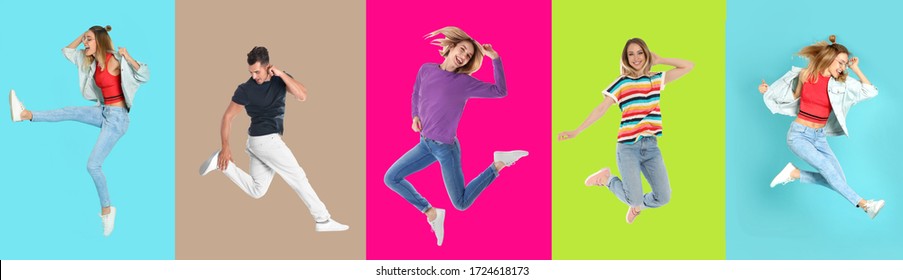 Collage With Photos Of Young People In Fashion Clothes Jumping On Different Color Backgrounds. Banner Design