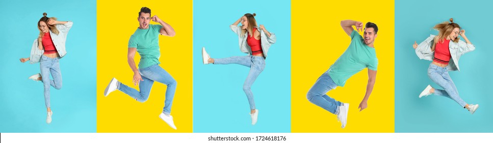 Collage With Photos Of Young People In Fashion Clothes Jumping On Different Color Backgrounds. Banner Design