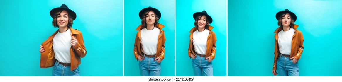 Collage of photos with young stylish woman wearing trendy brown leather jacket, black hat, blue denim jeans and white blank t-shirt . Mockup for print