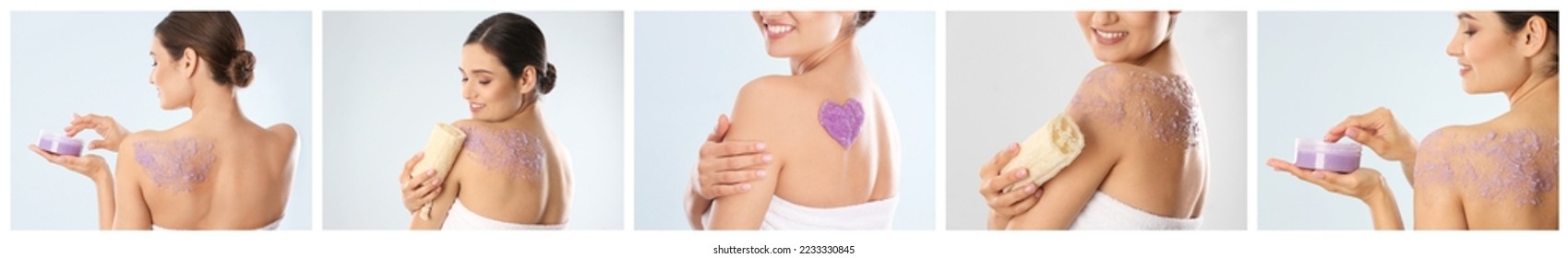 Collage with photos of young woman applying body scrubs on light grey background. Banner design - Shutterstock ID 2233330845