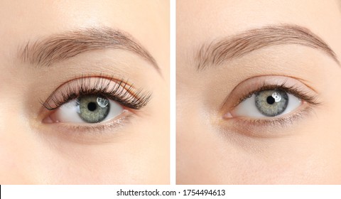 Collage with photos of young woman before and after eyelash extension procedure, closeup