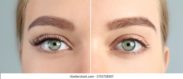 Collage with photos of young woman before and after eyelash extension procedure, closeup. Banner design