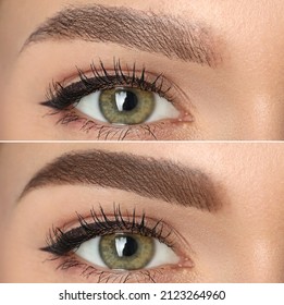Collage with photos of young woman before and after permanent makeup procedure, closeup