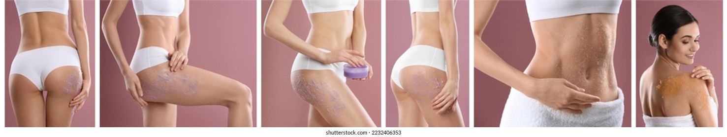 Collage with photos of young women applying body scrubs on pink background, closeup. Banner design - Shutterstock ID 2232406353