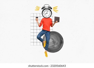 Collage picture artwork illustration metaphor absurd head deadline alert oclock gadget netbook drink coffee isolated on white background - Powered by Shutterstock