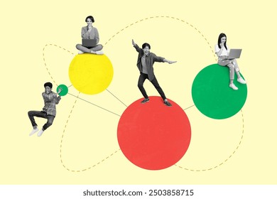 Collage picture of attractive cheerful people sitting on circles studying having fun isolated over beige color background