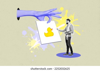 Collage picture of big arm fingers through hole hold painting canvas mini black white gamma guy drawing duck isolated on creative background - Powered by Shutterstock