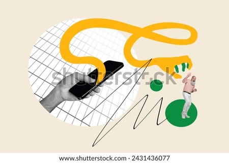 Collage picture of black white arm hold smart phone screen monster attack terrified mini grandfather isolated on beige background