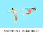 Collage picture of black white colors arm hold magnet pull attract client excited cool mini girl isolated on blue background