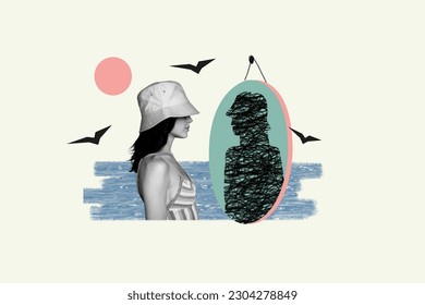 Collage picture of black white effect unsatisfied girl look messy silhouette mirror reflection flying birds ocean water
