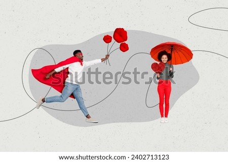 Collage picture creative poster beautiful lovely funny young woman man umbrella hero hold bouquet balloon kiss gray background