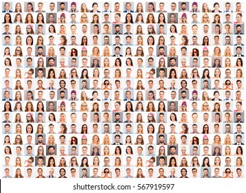 Collage picture of different cheerful adult people expressing happiness. beautiful white human smiles
