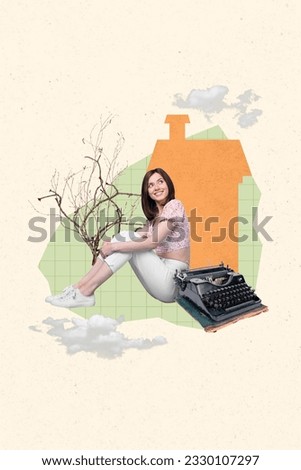 Collage picture of dreamy working journalist girl looking her new apartment professional typewriter machine isolated over beige background